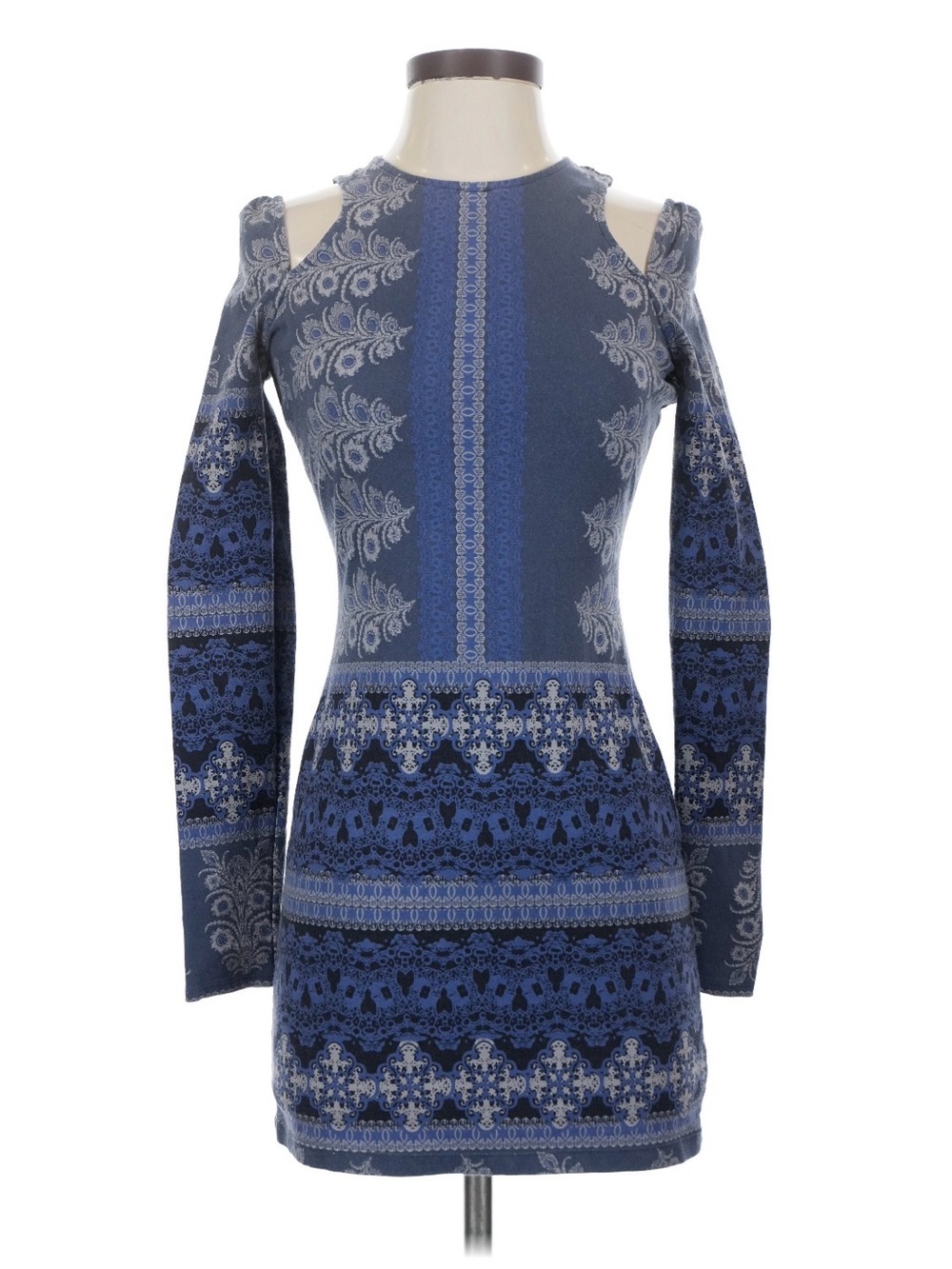 Blue Patterned Cold-Shoulder Mini Dress